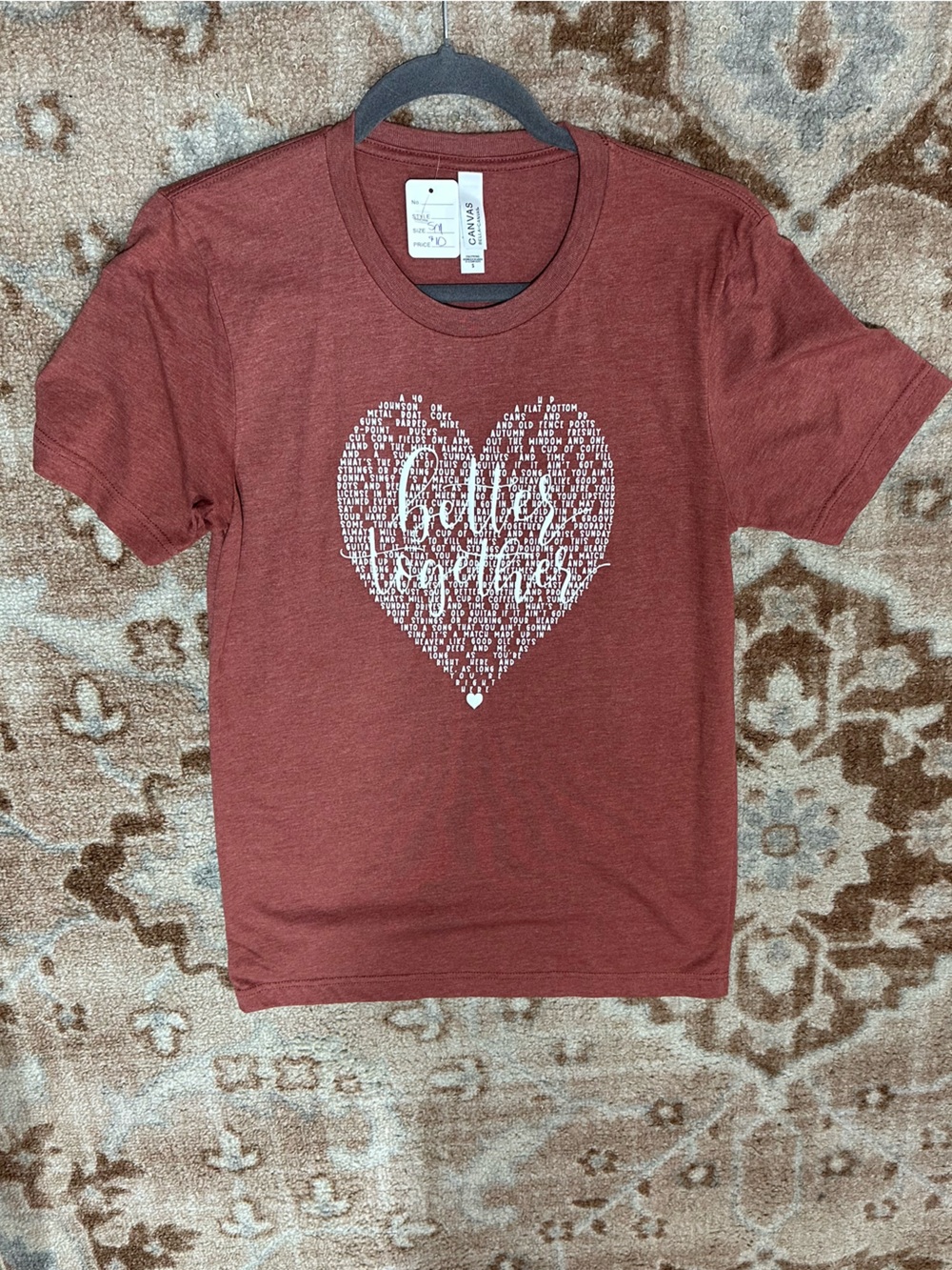 Bella Canvas Rust Red Short Sleeve Tee with White Heart Typography